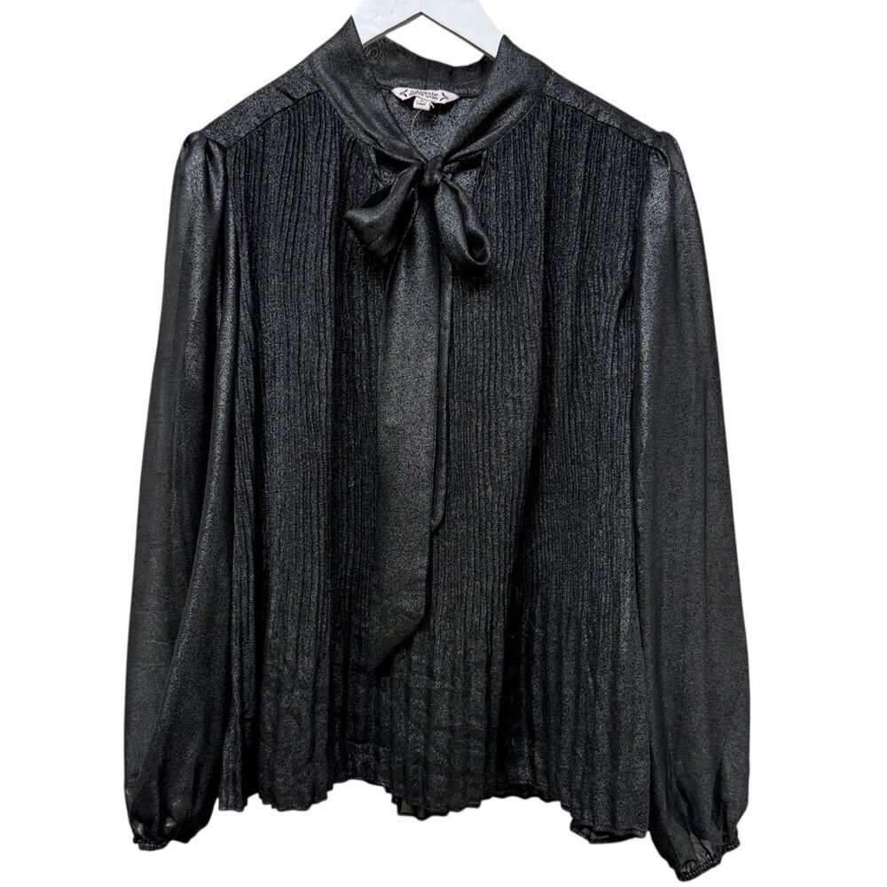 Nanette Lepore Bow Blouse Medium Black Metallic Pleated Chiffon Evening Top NWOT